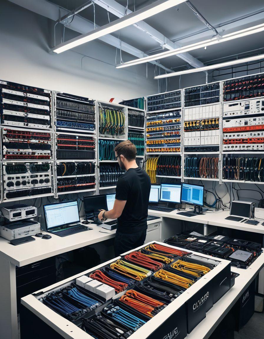 A highly organized workspace filled with various colorful cables arranged neatly in labeled boxes, showcasing tools and equipment for cable management. Display a professional assisting in the relocation of tech equipment while a digital map of a city appears in the background, symbolizing seamless logistics. The room is well-lit, emphasizing a sleek and modern aesthetic. super-realistic. vibrant colors. white background.