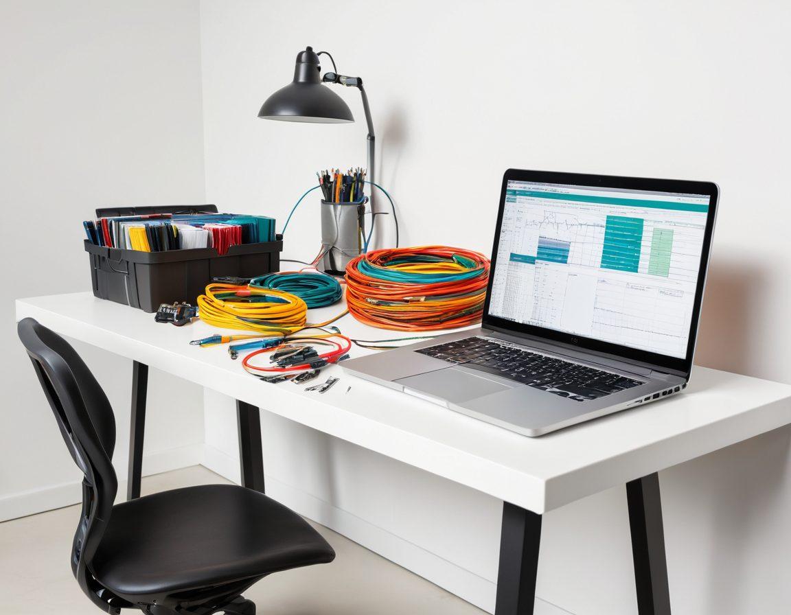 An organized workspace featuring a variety of colorful cables neatly packed in labeled boxes, with tools like cable ties and a setup diagram in the background. Include an open laptop displaying cable transport tutorials, and a checklist on the side for packing efficiency. The atmosphere is bright and inviting, implying a methodical approach to cable transportation. super-realistic. vibrant colors. clean white background.