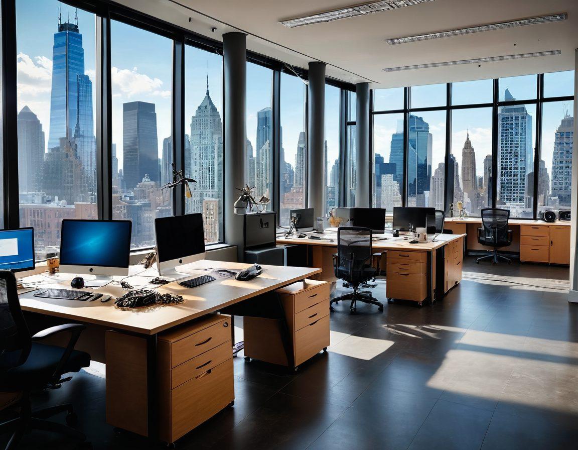 A diverse team of professional movers carefully relocating and setting up high-tech cable equipment in a modern office space, showcasing teamwork and precision. Include tools and equipment like cable reels and connectors, with a bright and welcoming atmosphere through large windows. The background should feature a cityscape view to illustrate a metropolitan vibe. Incorporate vibrant colors and super-realistic details.